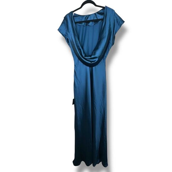 Lulus NWT Captivating Presence Dark Teal Satin Cowl Back Maxi Dress Medium - Picture 6 of 10